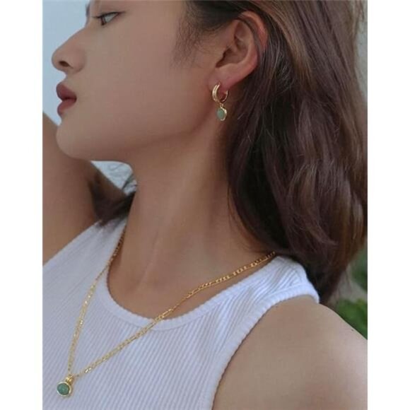 Green aventurine jewelry set gold necklace hoop earrings bracelet jade gift - Picture 5 of 7